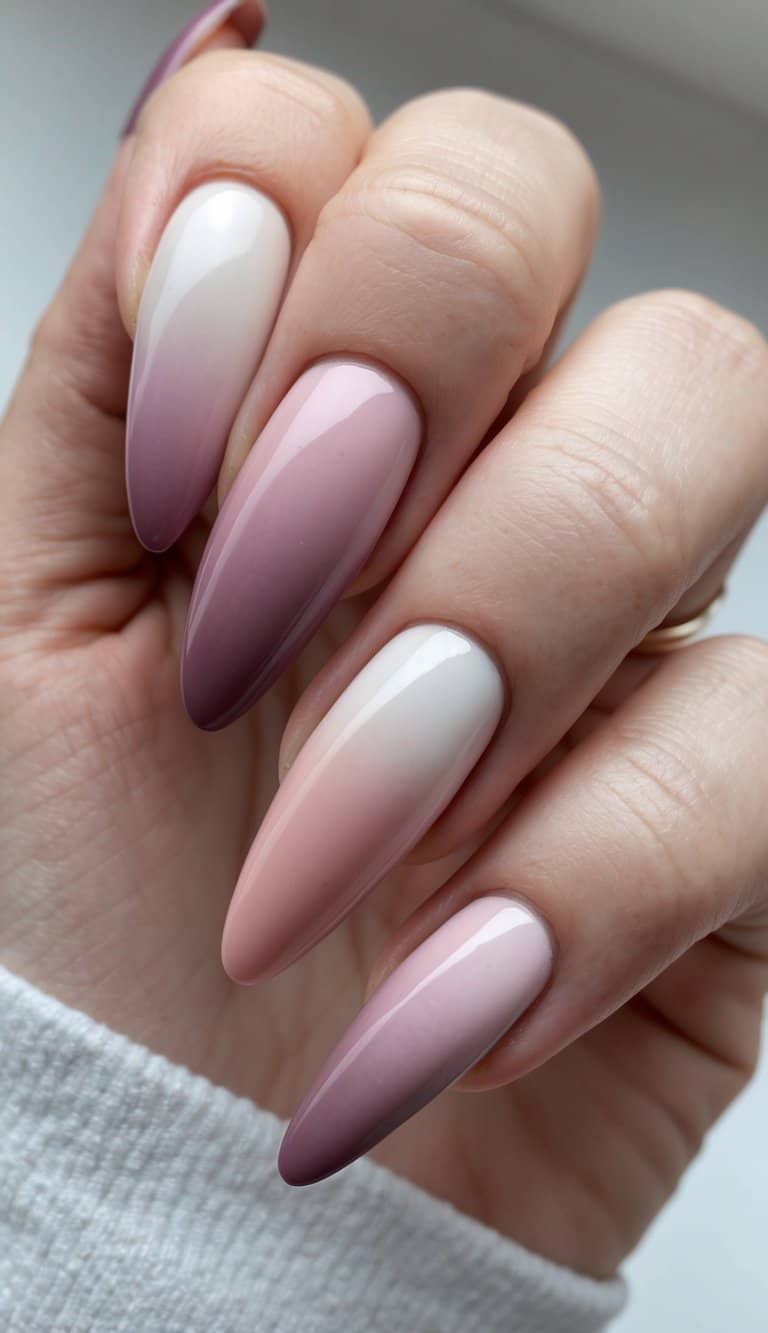Mauve and blush ombre long pointed nails 