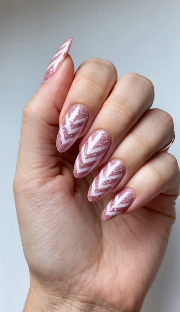 Pink and white glitter nails manicure