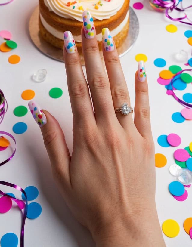 Colorful confetti on festive birthday nails. Sparkling candles and birthday cake add to the celebratory atmosphere