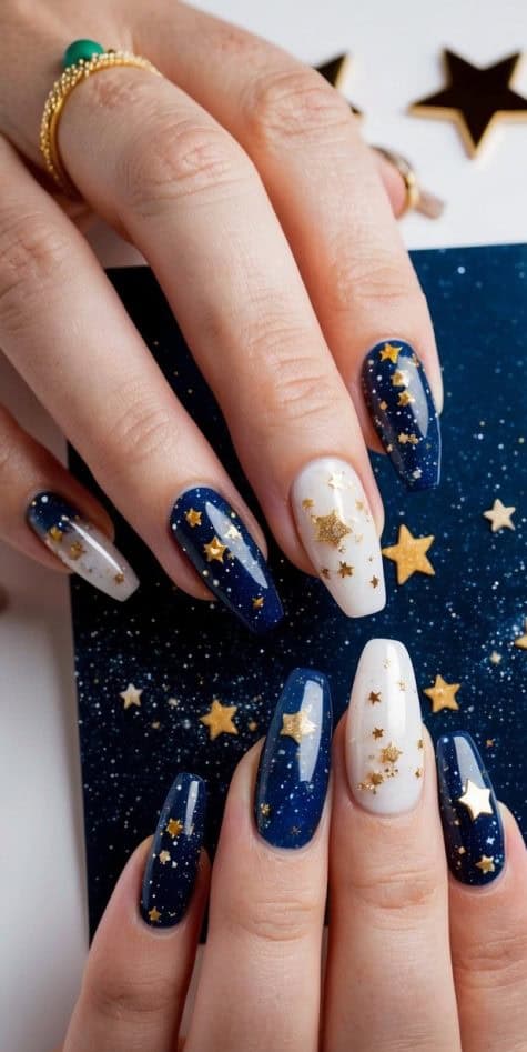 Deep blue and white nails with gold stars