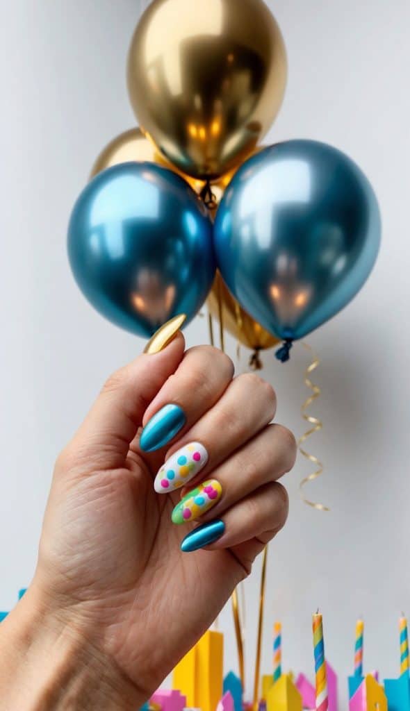 A festive scene with metallic birthday balloons and colorful birthday nail art designs