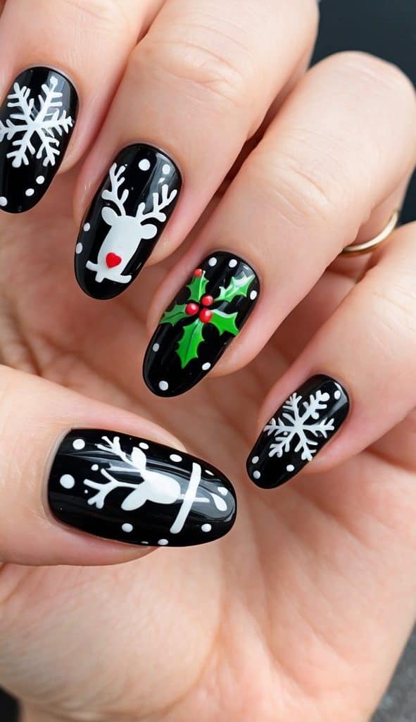 A black Christmas nail art design featuring snowflakes, reindeer, and holly on a festive background of black and silver