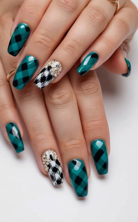 A teal and black gingham check nail art design with bold patterns and intricate details