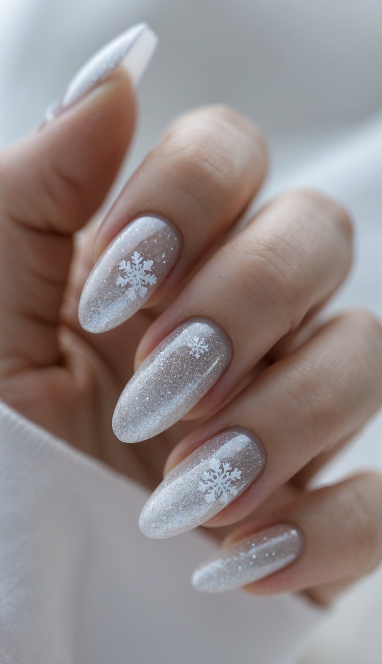 Nails painted with shimmering glitter polish, each adorned with one or two delicate white snowflakes for an icy, winter-inspired effect