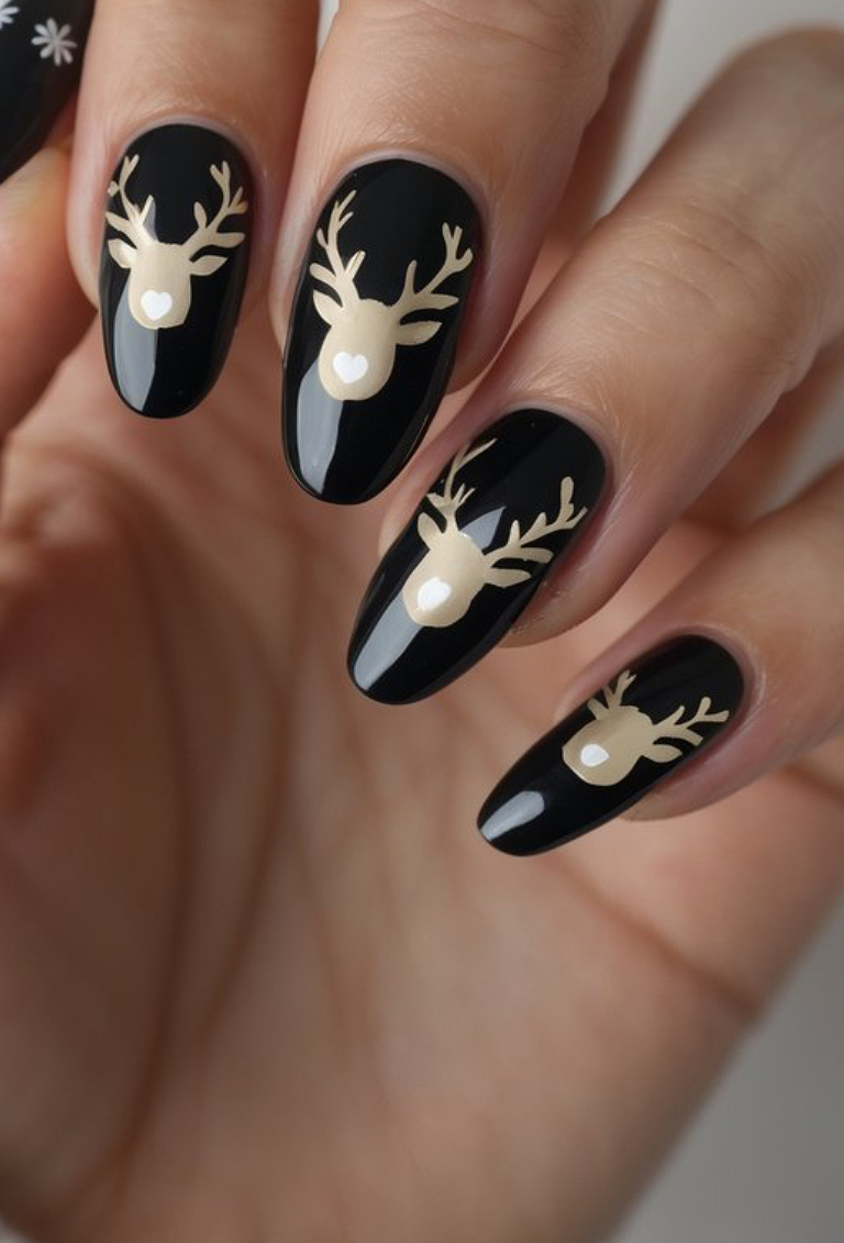 Glossy black nails featuring minimalist light brown reindeer heads with antlers and tiny noses, giving a chic holiday touch.