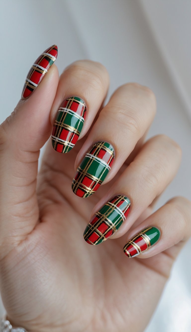 Red, green, and gold plaid patterned nails featuring white and gold line accents, resembling Christmas plaid