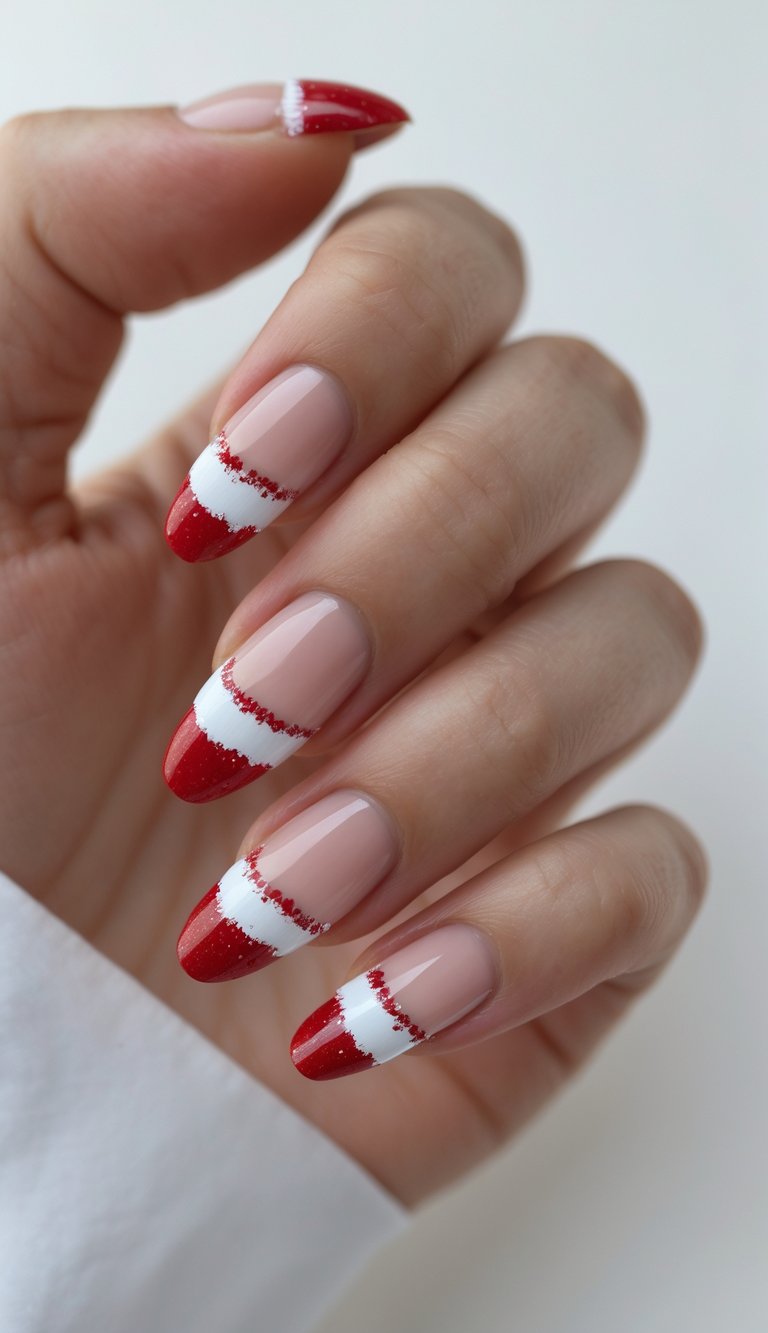 Nails with nude bases and French tips designed as Santa hats, using red glittery polish and white fluffy stripes