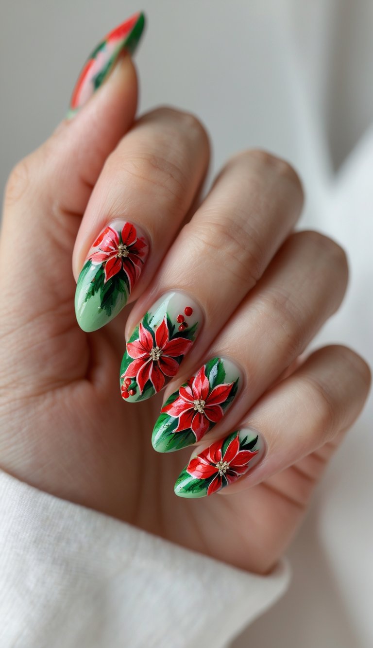 Close-up of nails painted with green and nude bases, each decorated with detailed red poinsettia flowers and green leaves for a festive holiday look