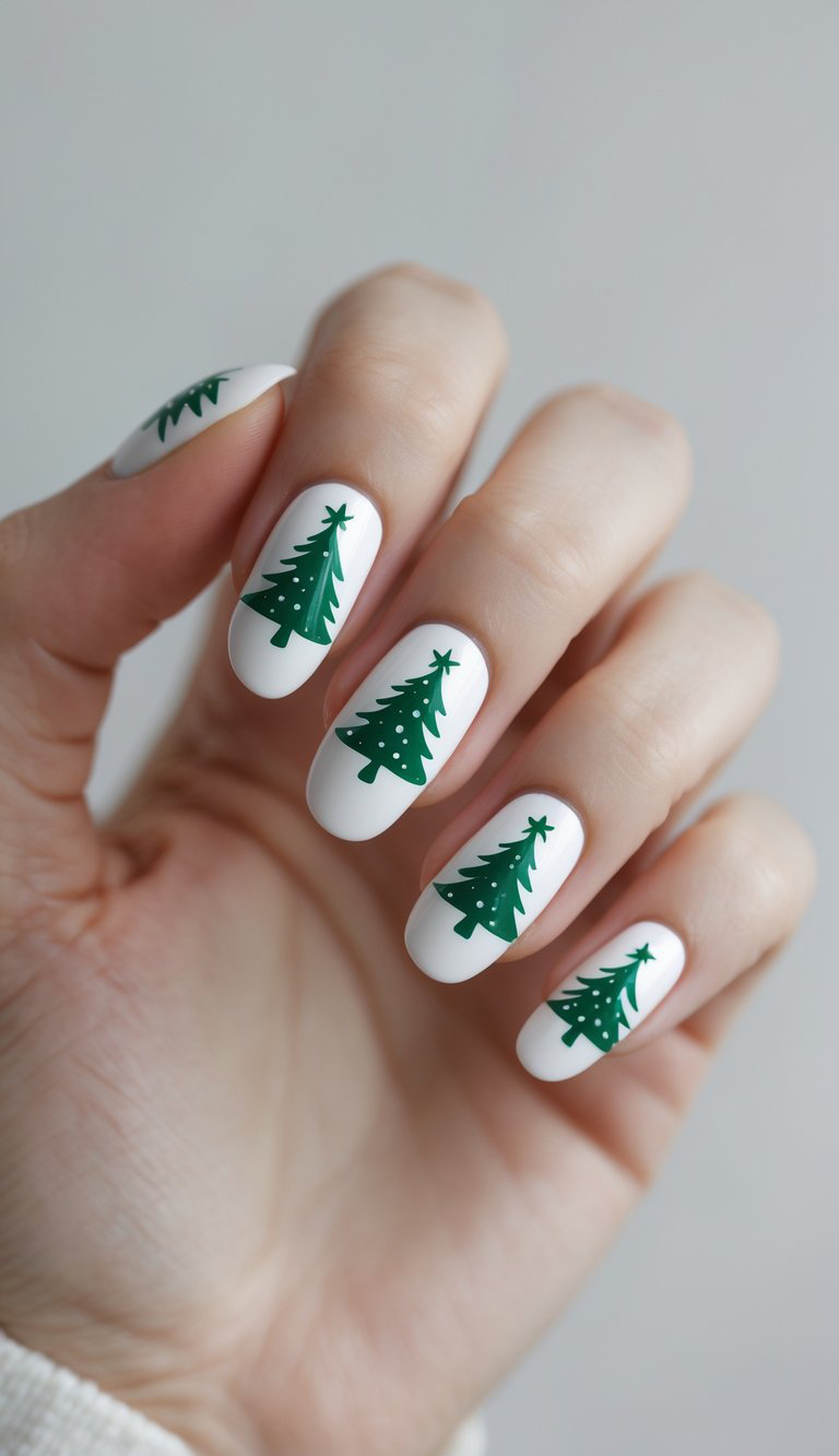 Hand showing nails with a matte white base and simple green Christmas tree designs on each nail, accented with small dots and stars