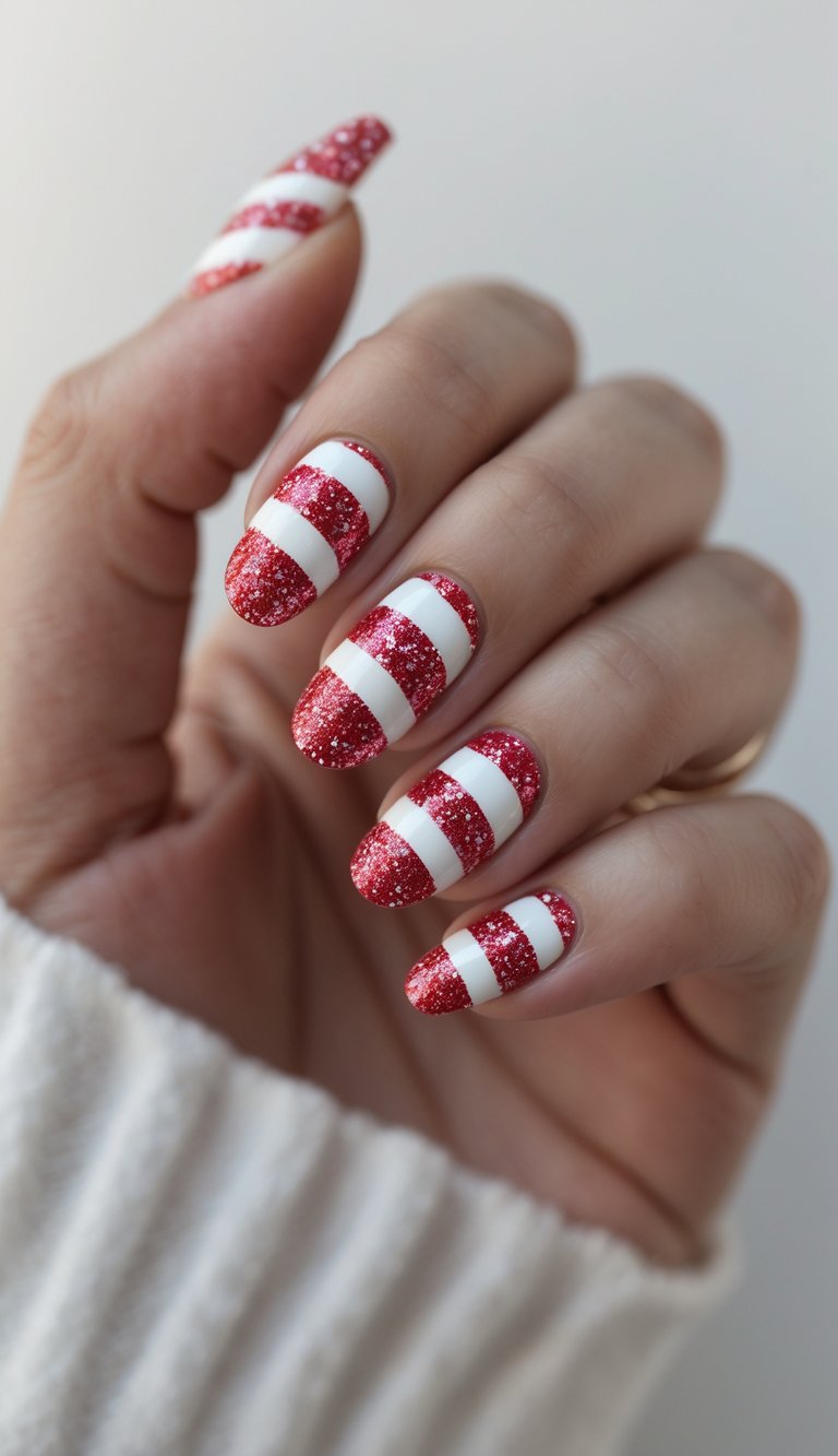 Nails with white and glittery red diagonal stripes mimicking classic candy cane patterns, creating a sparkly, festive nail design.
