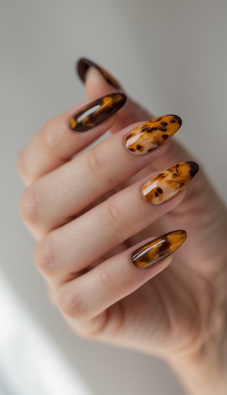 If you’re looking for something classic, tortoiseshell nails in amber and dark brown deliver a sophisticated autumn vibe. Their marbled finish adds just the right touch of luxury.