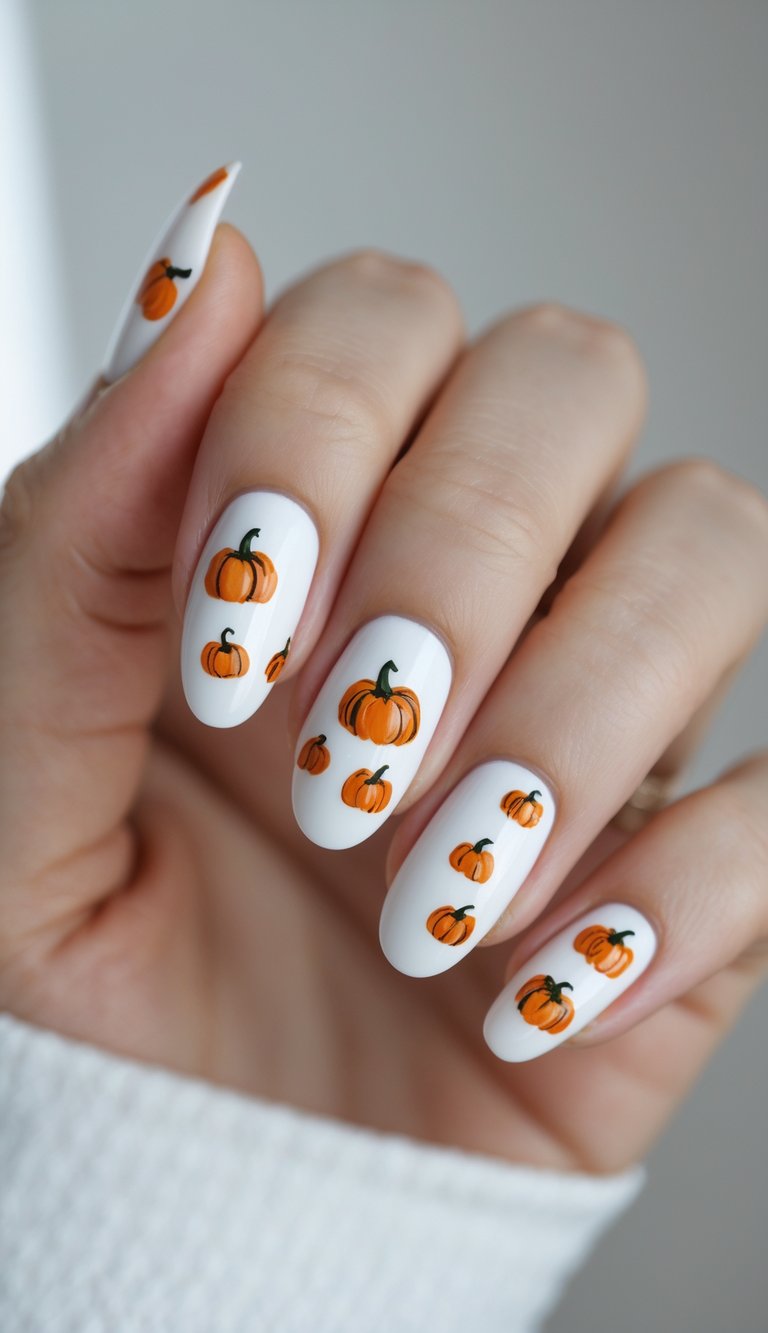 Covered in clusters of hand-painted pumpkins, these crisp white nails make every day feel like a trip to the pumpkin patch. The cute design is sure to spark a smile.