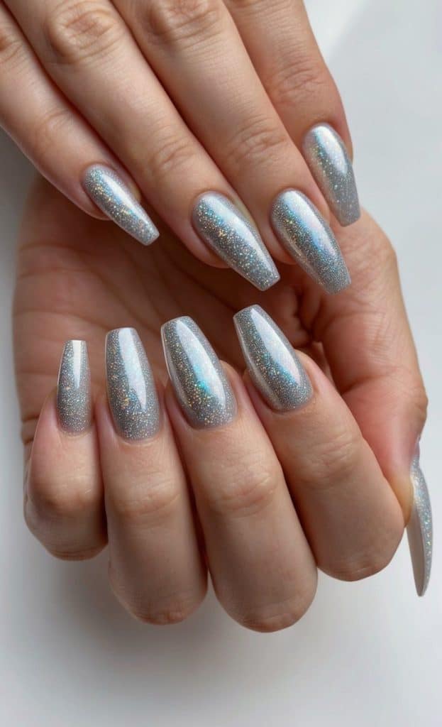 Sparkling holographic silver glitter on ballerina nails