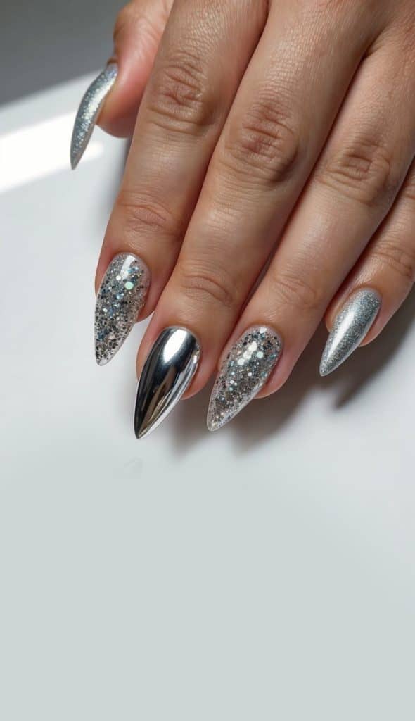 Silver nail art designs on stiletto nails