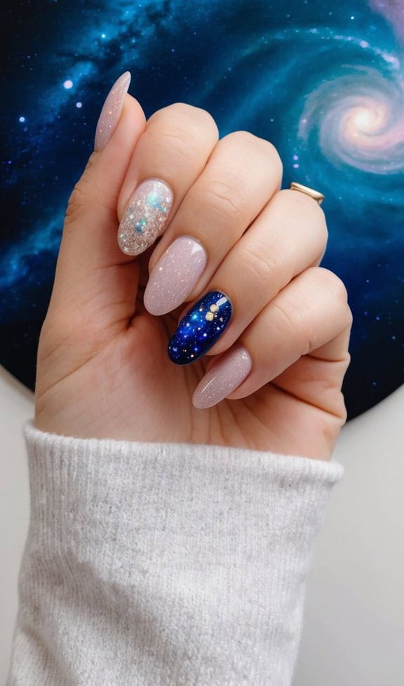 Glitter nails look out-of-this-world with galaxy glitter accent nail designs