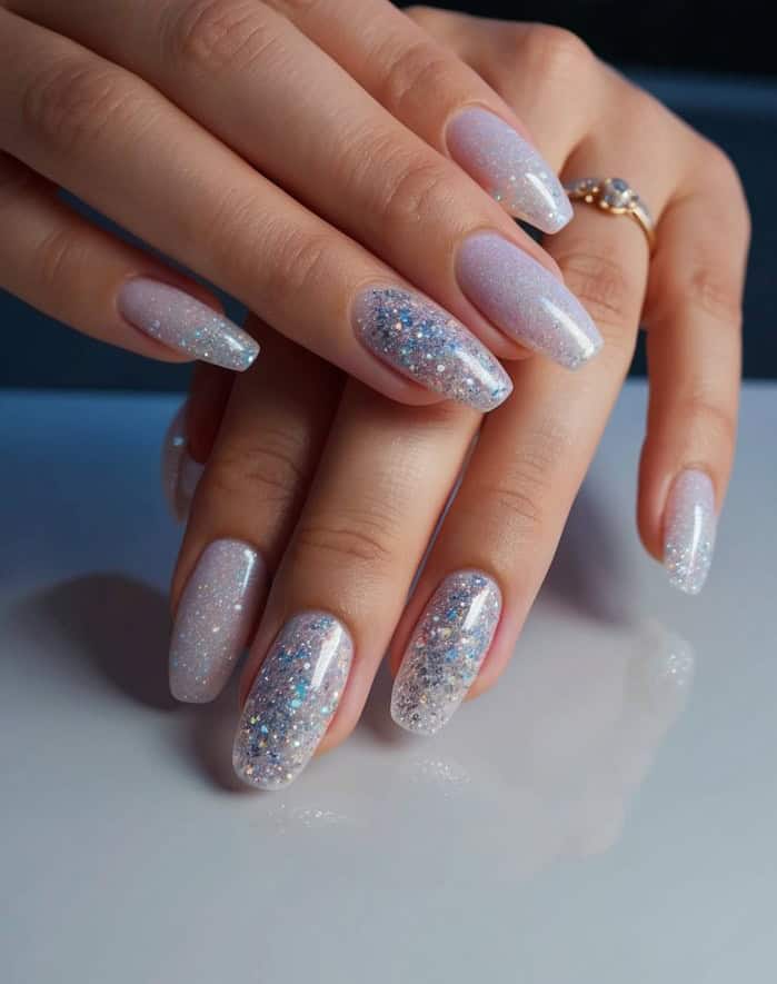 Translucent nails with shimmering silver glitter create a frosty, ethereal effect.