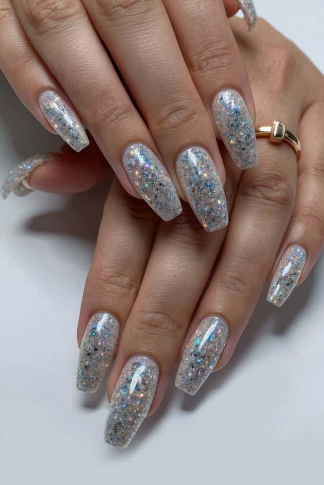 Dazzling nails with multi-dimensional silver glitter