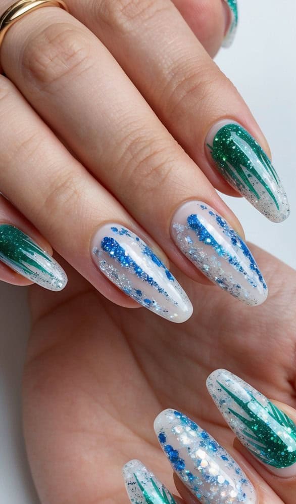Frosty icicle drips and fir leaf-inspired nail designs