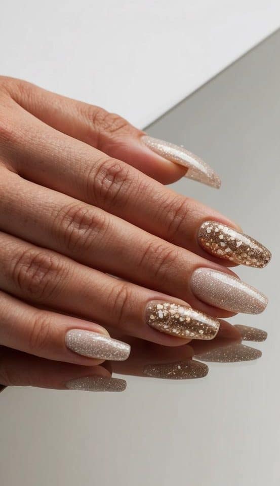 Champagne glitter nails add a touch of shimmer and sophistication, along with gold glitter nails