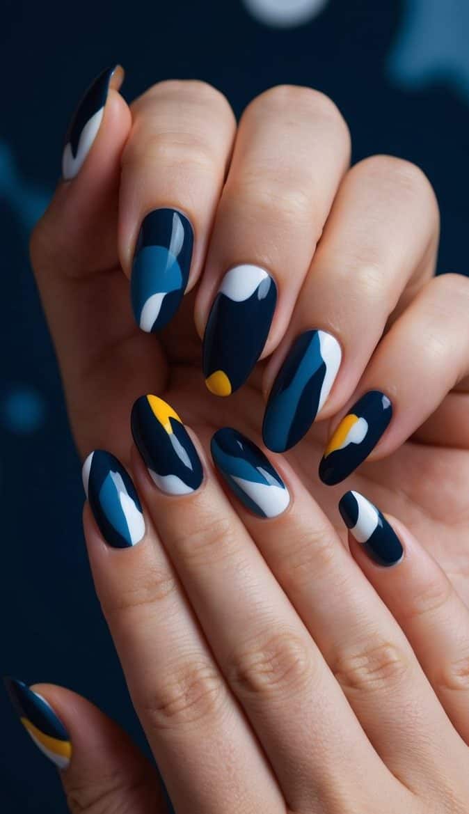 Navy blue nails feature bold, asymmetrical patterns, creating a sense of mystery and creativity