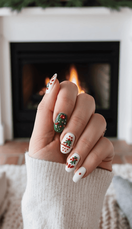A mix of Christmas trees, holly accents, and cheerful red dots on a white and green base defines this design