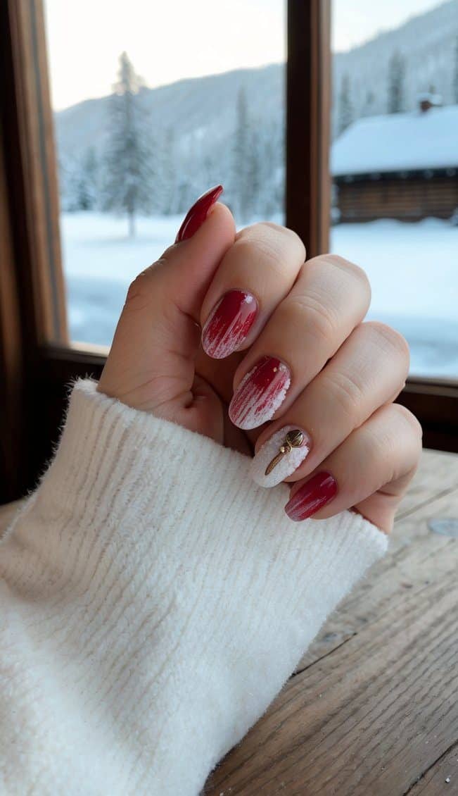 Red nails bring a touch of cabin-inspired charm to your fingertips with icicle designs and icy white decorations for a seasonal look