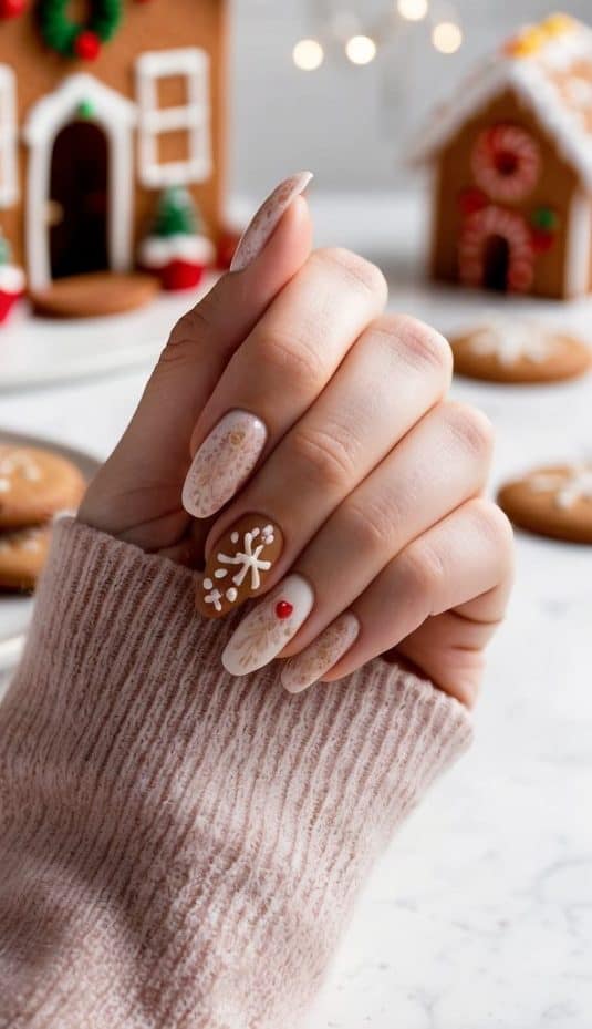 This nail design features warm gingerbread-inspired tones paired with delicate snowflake patterns