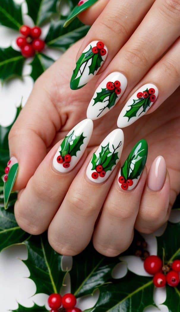A close-up view of holly berries and leaves arranged in a festive Christmas nail art design
