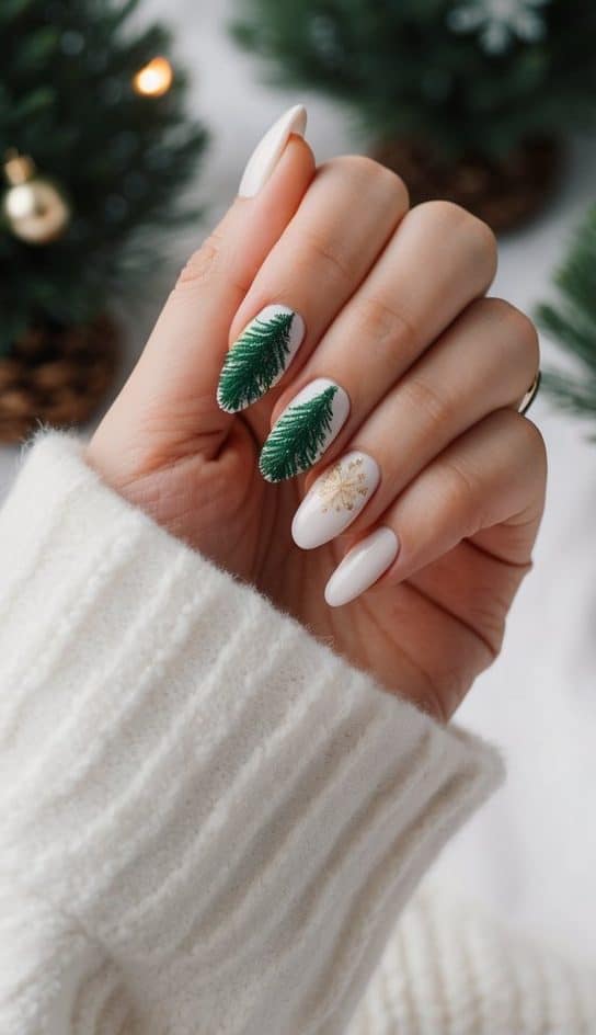 A cozy winter scene with evergreen trees, snowflakes, and festive holiday decorations
