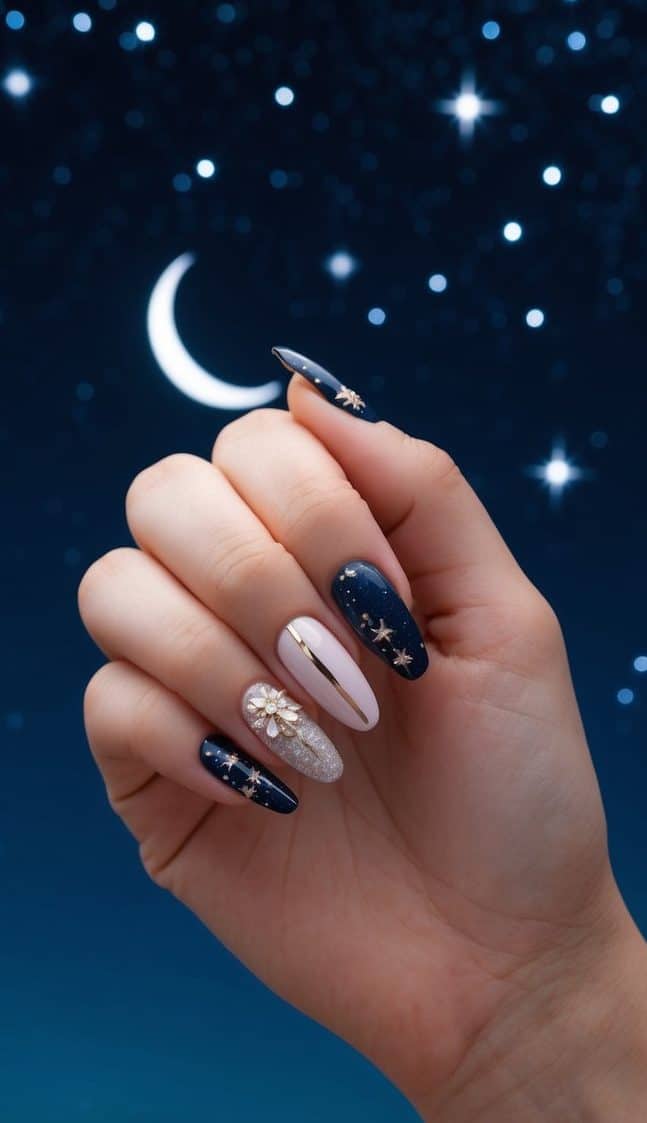 A dark night sky filled with twinkling stars and a crescent moon, with elegant and glamorous nail art designs displayed in the foreground