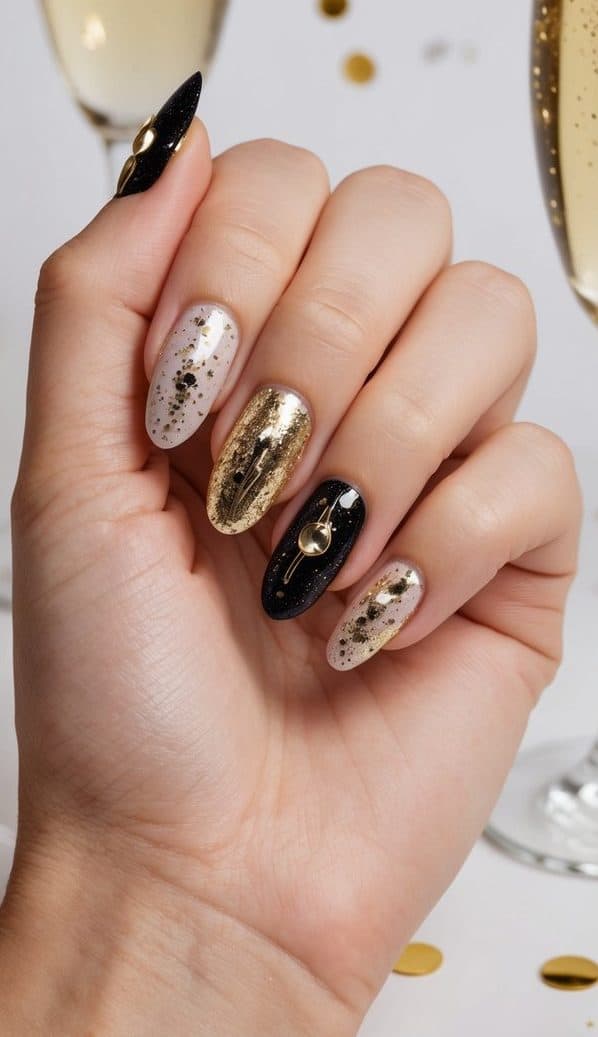 Black, nude, and gold nails with glittery polish, metallic textures, and 3D embellishments