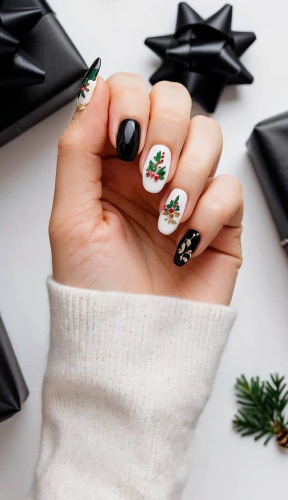 Glossy black nails paired with white nails adorned with delicate holly leaves and berries