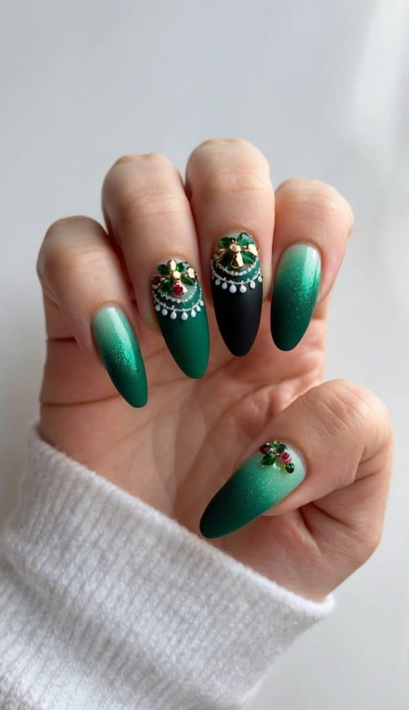 A festive green ombré nail art design with holiday-themed accents