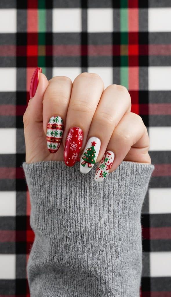 Red and white nails adorned with snowflakes, a Christmas tree, and holiday patterns