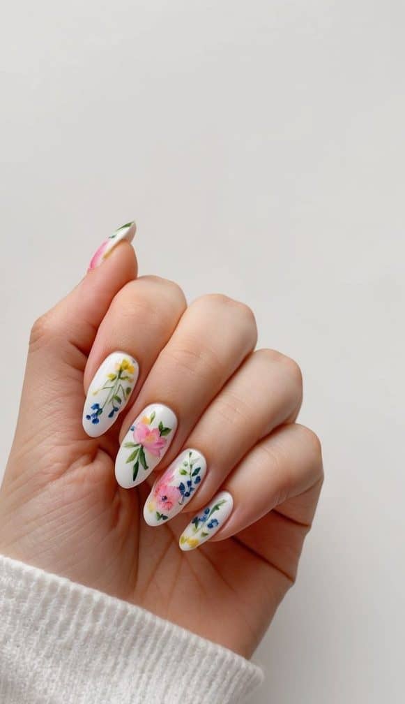 A garden of whimsical watercolor florals blooming across a canvas of white nails