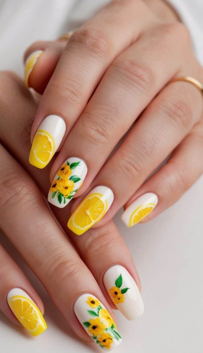 Vibrant lemon-themed nail art designs with floral accents on a clean, neutral background