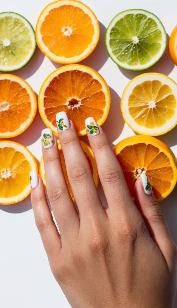 Bright white nails feature hand-painted lemons