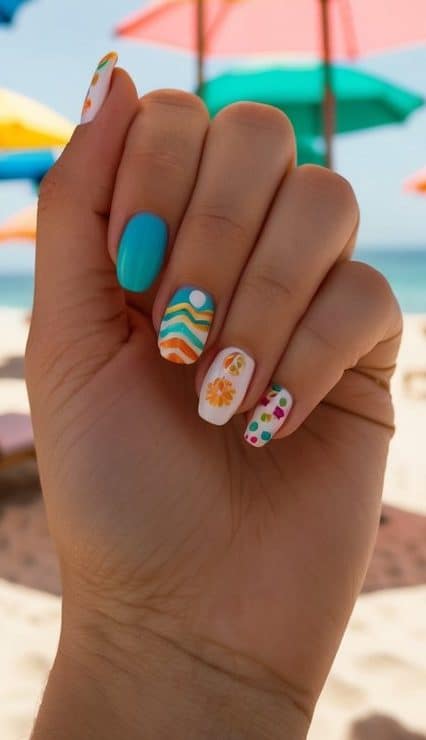 A playful mix of vibrant blue, wavy orange patterns, and vibrant floral accents creates the perfect summer nail design