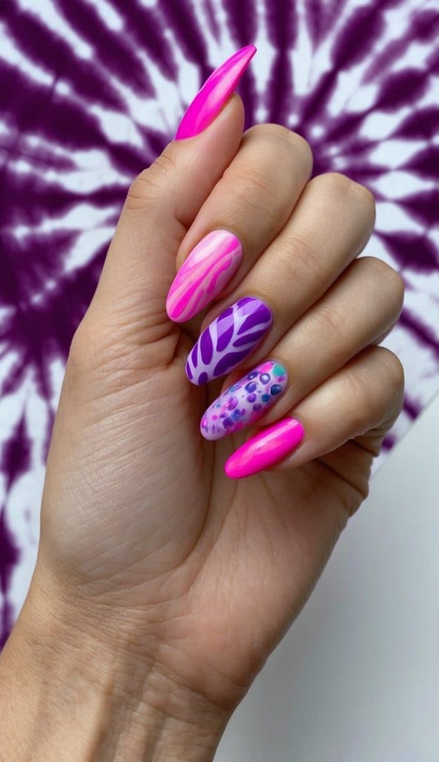 vibrant pink and purple hues with abstract shapes and speckled accents