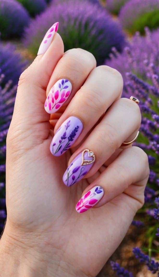 Hand-painted lavender sprigs and pink floral accents on soft purple and white nails