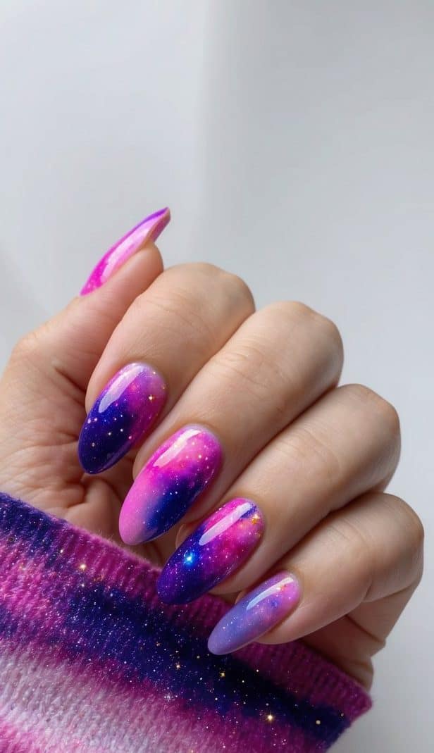 Glossy pink and purple galaxy nails are adorned with shimmering stars