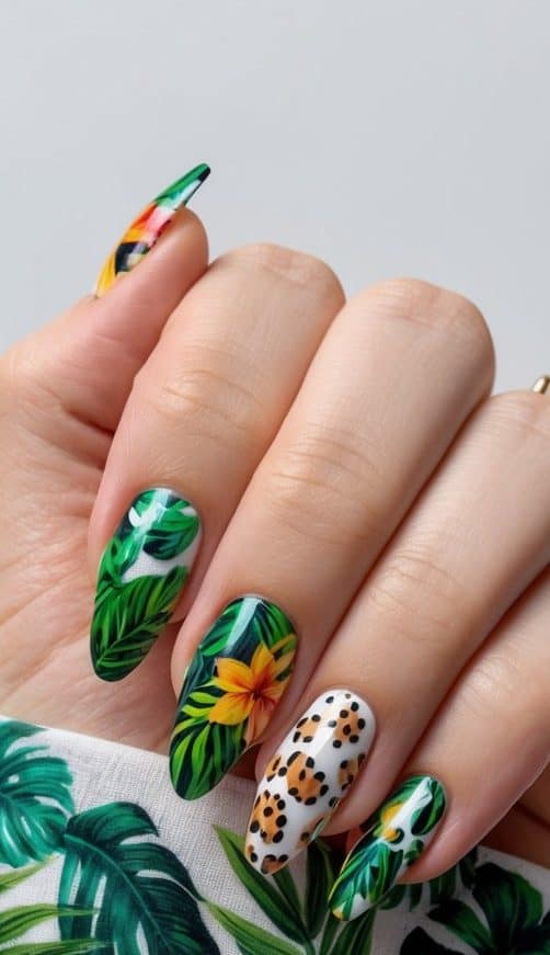 Vibrant jungle foliage, colorful flowers, and playful animal prints adorn the nails in a festive summer nail art design