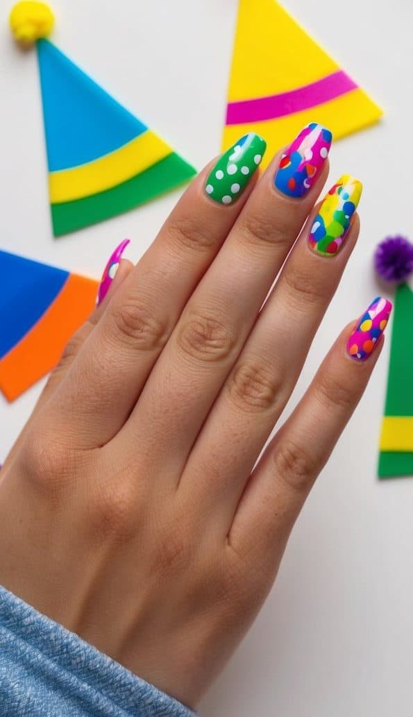 A colorful birthday nail art design with bright polka dots and playful shapes
