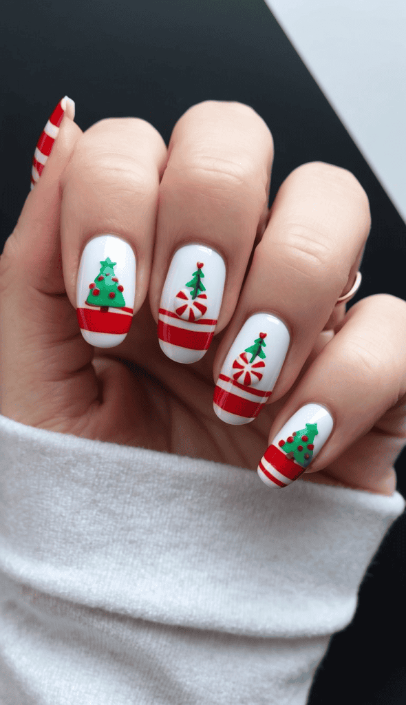 Vibrant white nails feature festive Christmas trees and peppermint candy designs, accented by bold red stripes