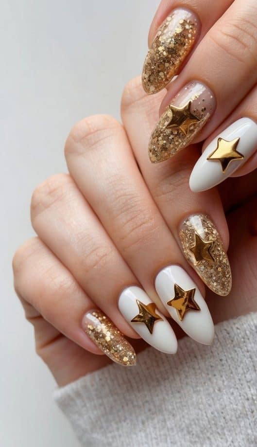 Gold glitter and white nails with star decorations