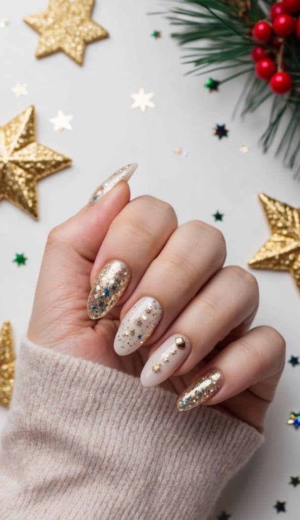 Glittering nail art designs on a festive background with sparkling stars and holiday-themed elements