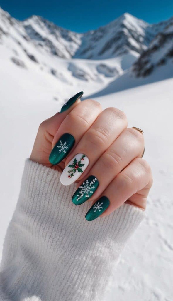 Deep green nails feature delicate white snowflakes, paired with a crisp white accent showcasing a festive holly design