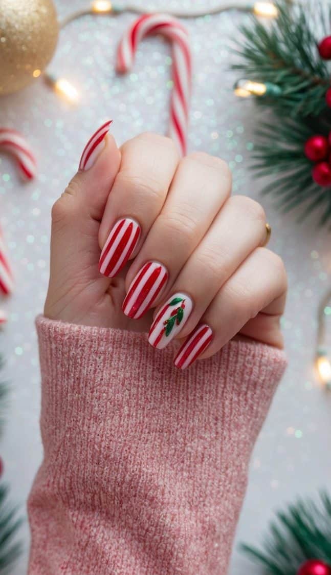 A festive scene with candy cane nail designs on a glittery background, surrounded by holiday decorations and twinkling lights