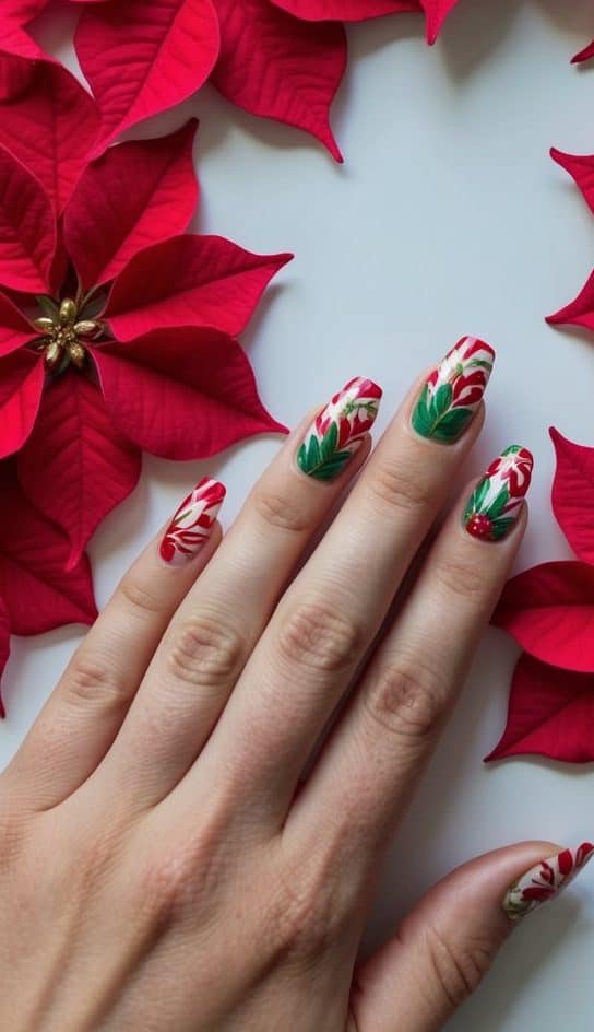 Red and green florals designs on a crisp white base for a floral hoiiday manicure