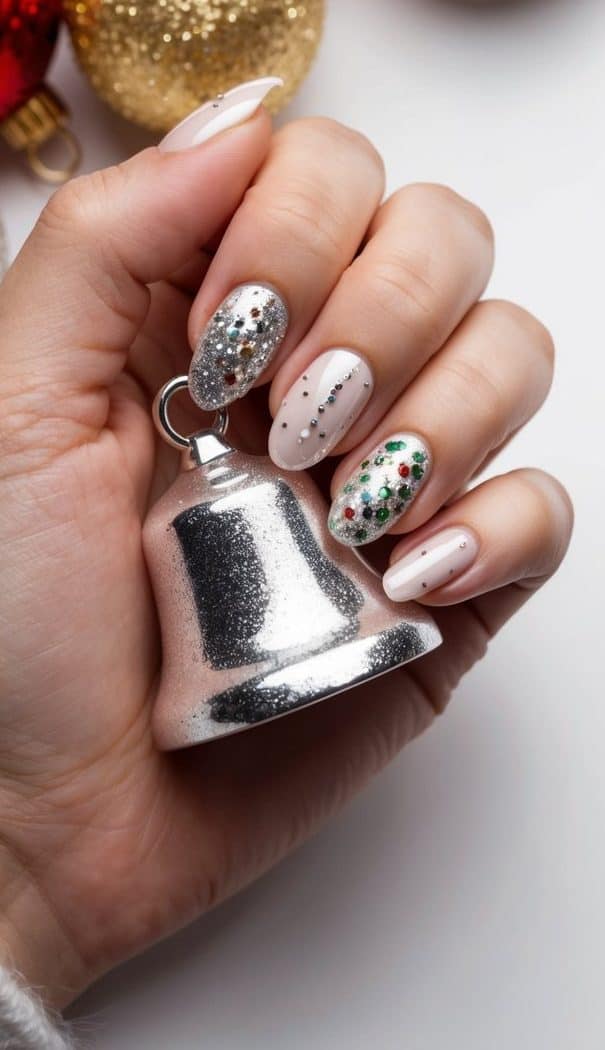 Soft nude nails are adorned with sparkling silver glitter, large round green and red glitter flakes, and delicate gem embellishments